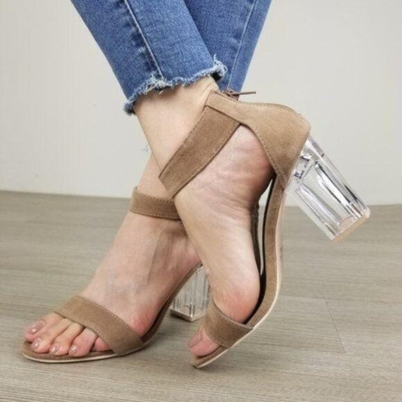 Shoes - Lucite Clear Heel Tan Vegan Suede Heel Sandal